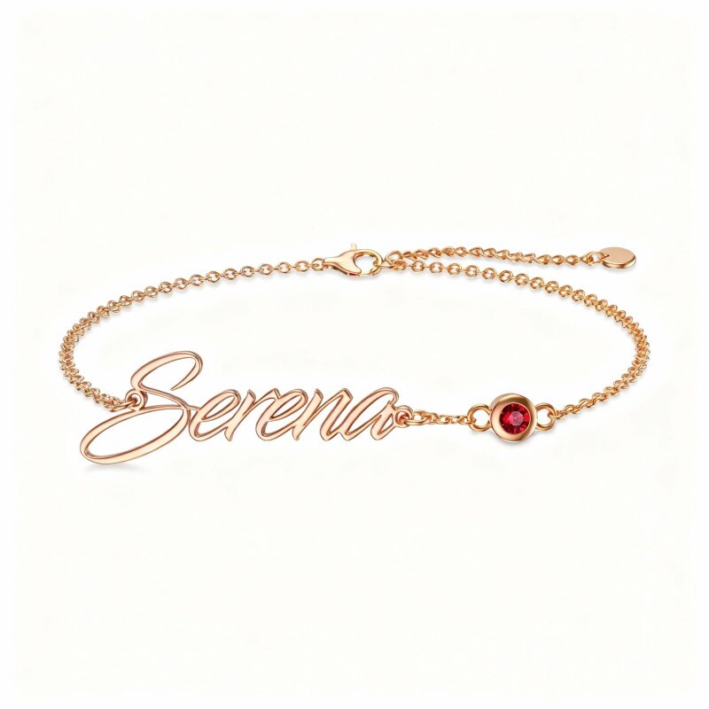 10K Rose Gold Round Cut Cubic Zirconia Personalized Birthstone & Personalized Classic Name Charm Bracelet-1