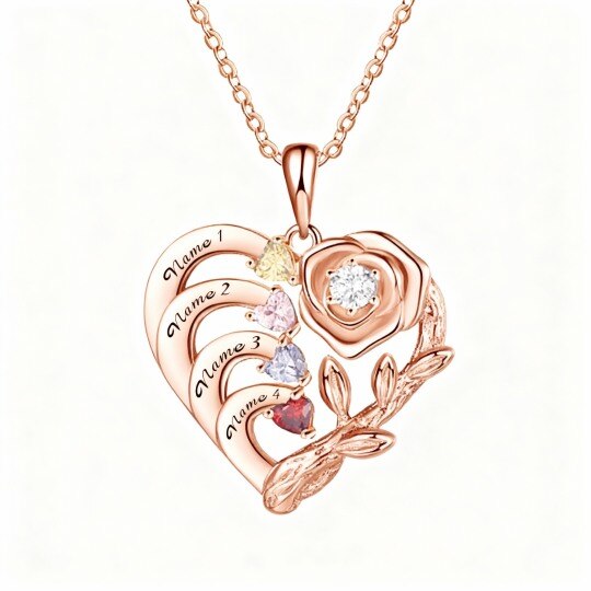 Collier pendentif personnalisé en or rose 10 carats avec zircon cubique rond, pierre de naissance, prénom classique et cœur.