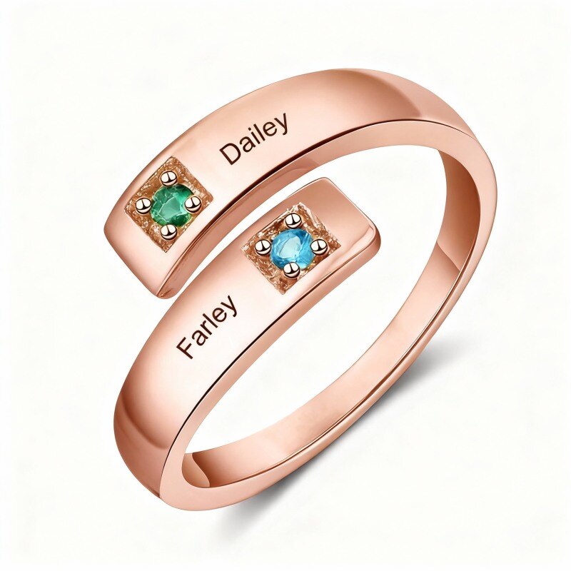 10K Rose Gold Round Cut Cubic Zirconia Personalized Birthstone & Personalized Engraving Birthstone Ring-1