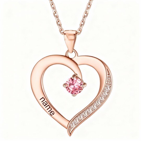 10K Rose Gold Round Cut Cubic Zirconia Personalized Birthstone & Personalized Engraving & Heart Pendant Necklace