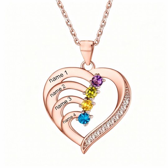 Collier pendentif cœur en or rose 10 carats avec zircon cubique taille ronde, pierre de naissance personnalisée et gravure personnalisée.