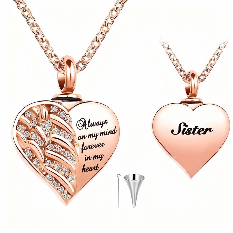 Collier urne funéraire en or rose 10 carats avec zircon cubique rond, gravure personnalisée, aile d'ange et cœur-1