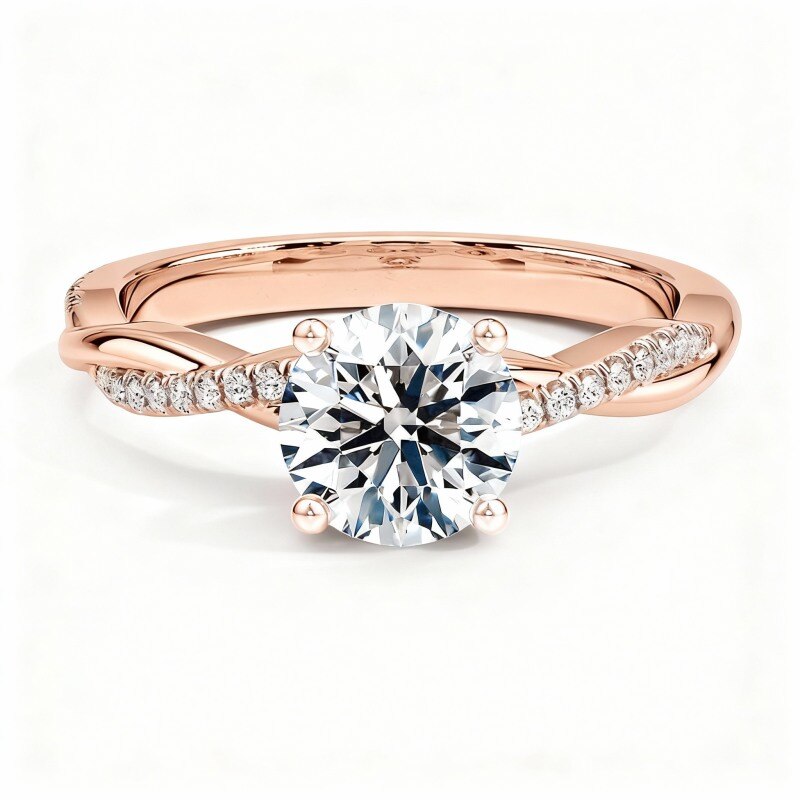 Anillo de compromiso para parejas con circonita cúbica de talla redonda, grabado personalizado y oro rosa de 10 quilates-9