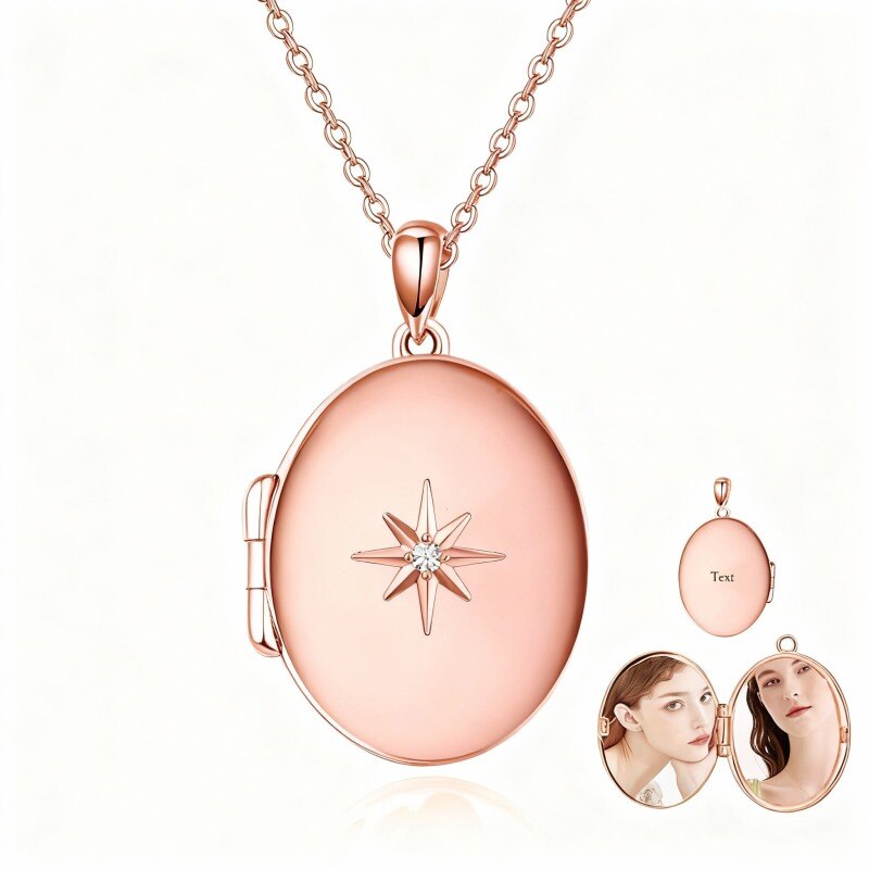 14K Rose Gold Round Cut Cubic Zirconia Personalized Engraving & Personalized Photo & Star Personalized Photo Locket Necklace-1