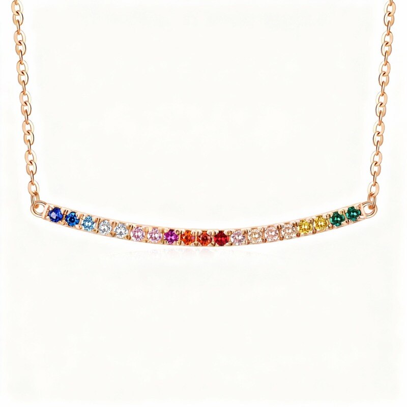 Collar con barra de arcoíris de circonita cúbica de corte redondo en oro rosa de 9 quilates-1