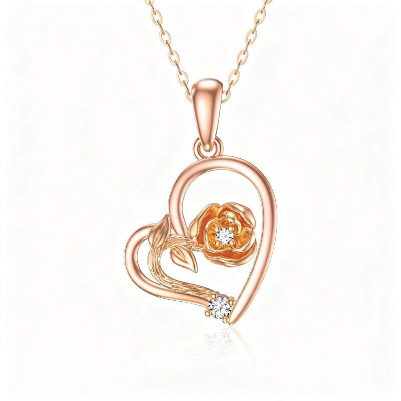 Collar con colgante de rosa y corazón de circonita cúbica de talla redonda en oro rosa de 9 quilates-1