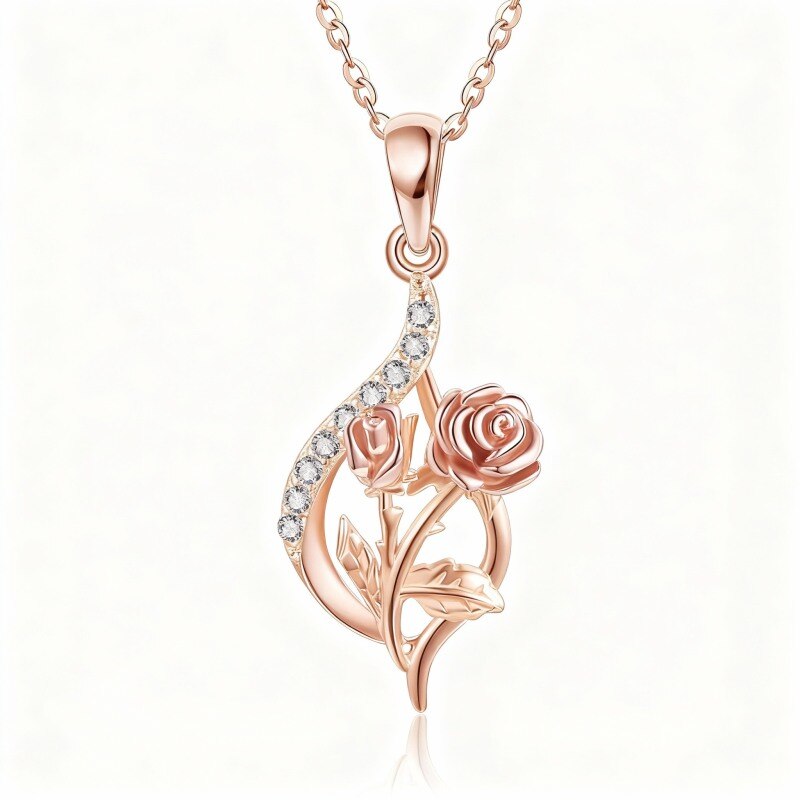 10K Rose Gold Round Cut Cubic Zirconia Rose Pendant Necklace-20