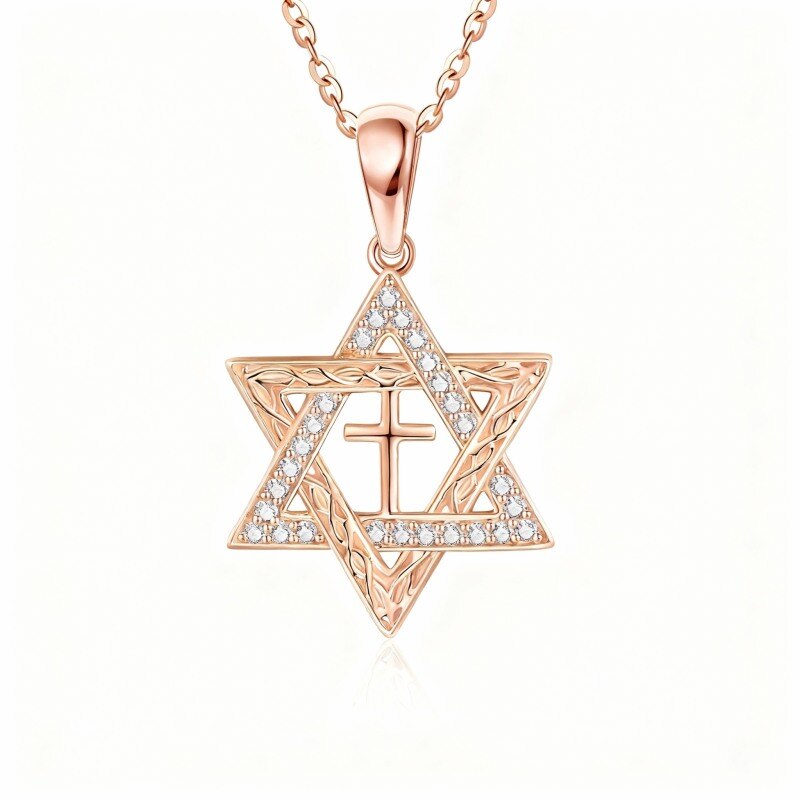 10K Rose Gold Round Cut Cubic Zirconia Star Of David Pendant Necklace-1