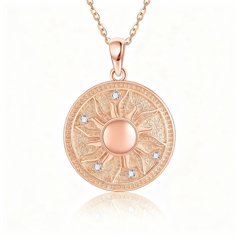 Collier en or rose 14 carats avec zircon cubique rond en forme de soleil-1