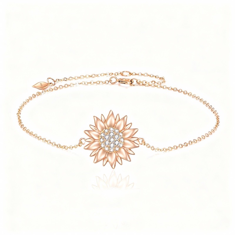 18K Rose Gold Round Cut Cubic Zirconia Sunflower Single Layer Charm Anklet-1