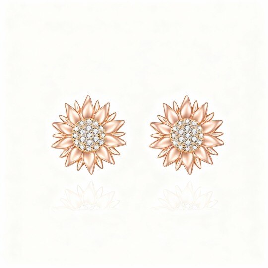 10K Rose Gold Round Cut Cubic Zirconia Sunflower Stud Earrings