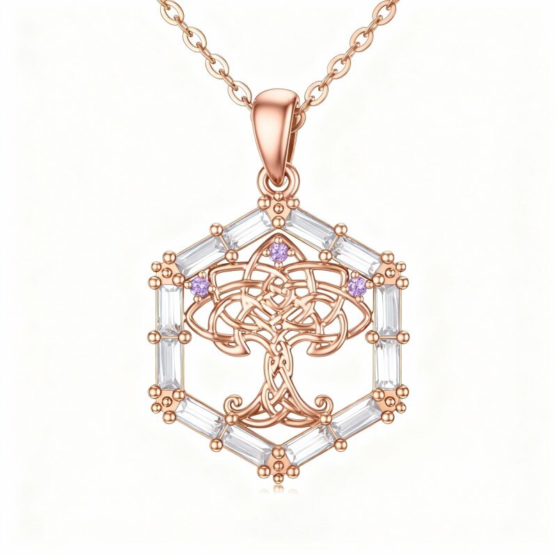 10K Rose Gold Round Cut Cubic Zirconia Tree Of Life & Celtic Knot Pendant Necklace-1