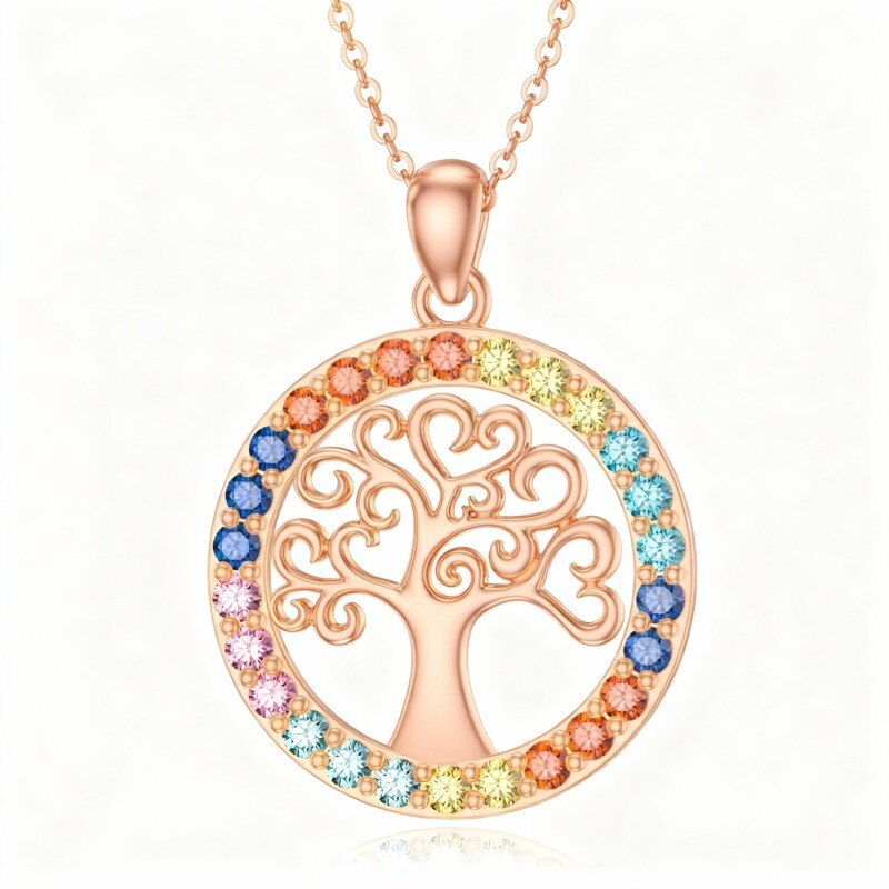 Collier pendentif Arbre de Vie et Chakras en or rose 14 carats et zircon cubique taille ronde-1