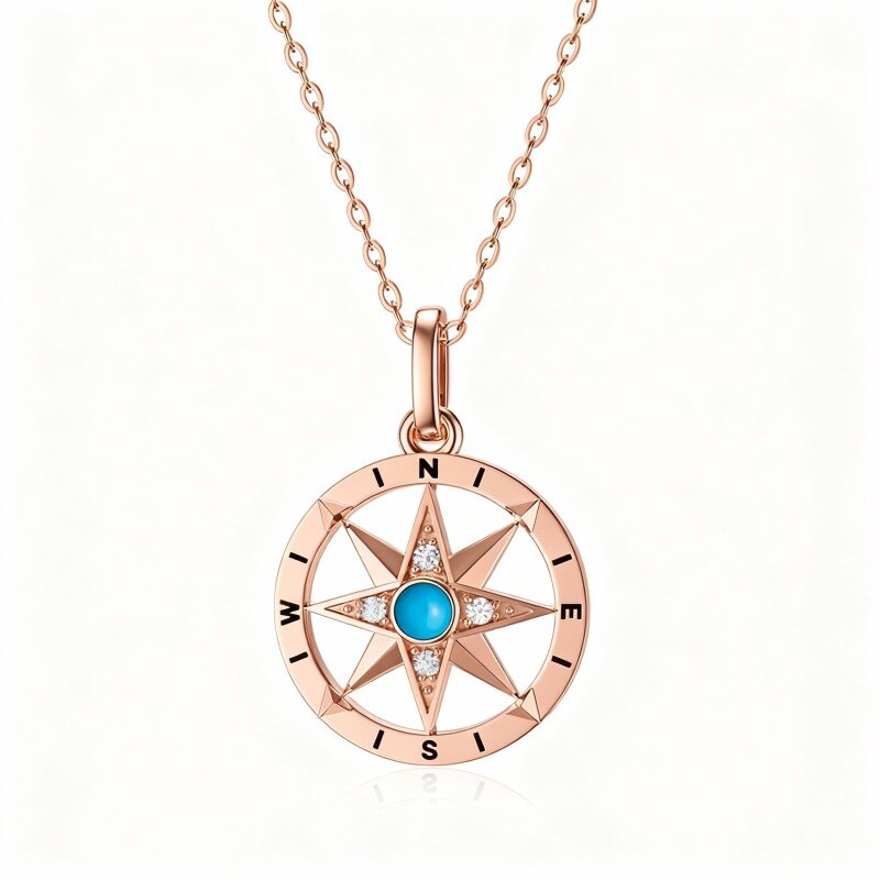 Collar con colgante de brújula de oro rosa de 18 quilates con circonita cúbica de corte redondo y turquesa-1