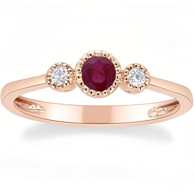 Bague de fiançailles trois pierres en or rose 10 carats avec rubis taille ronde-19