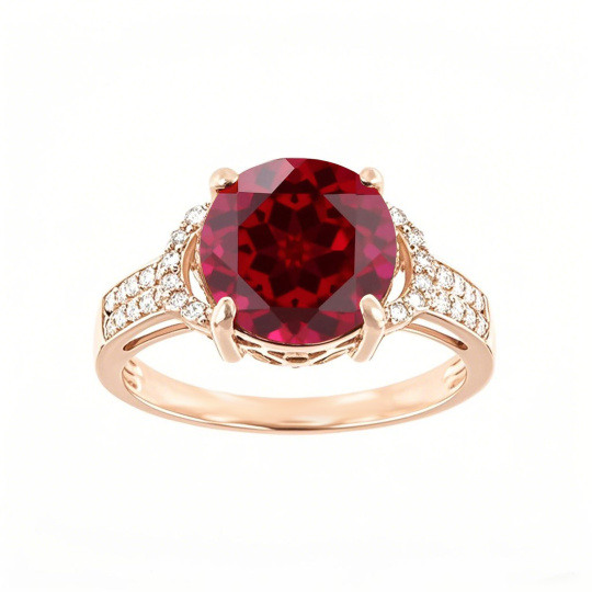Bague de fiançailles personnalisée en or rose 10 carats avec rubis rond, pierre de promesse ou bague d'anniversaire.