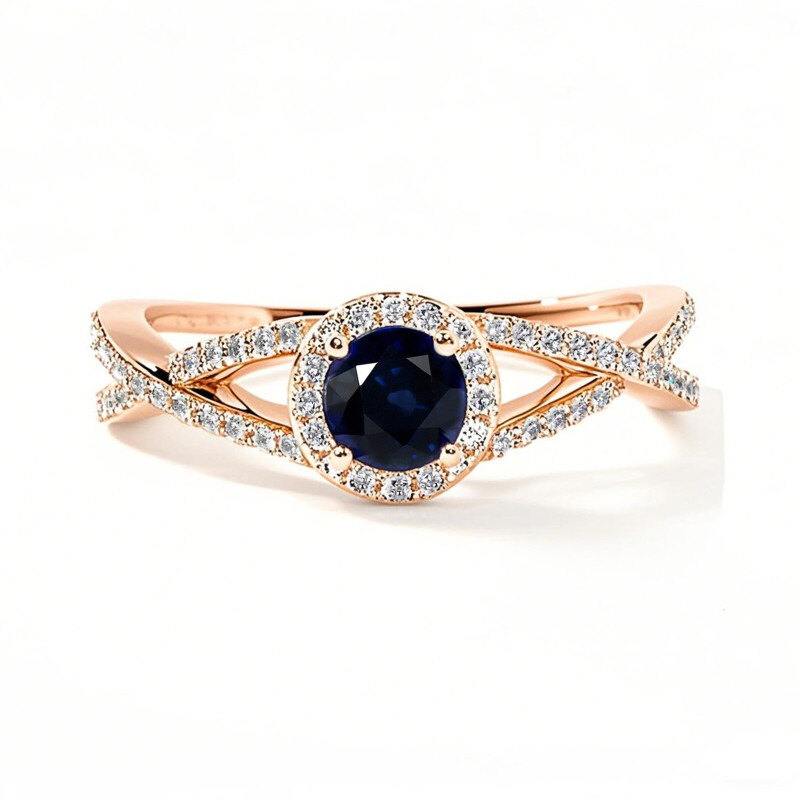 Bague de fiançailles en or rose 10 carats avec saphir rond serti d'un halo-13