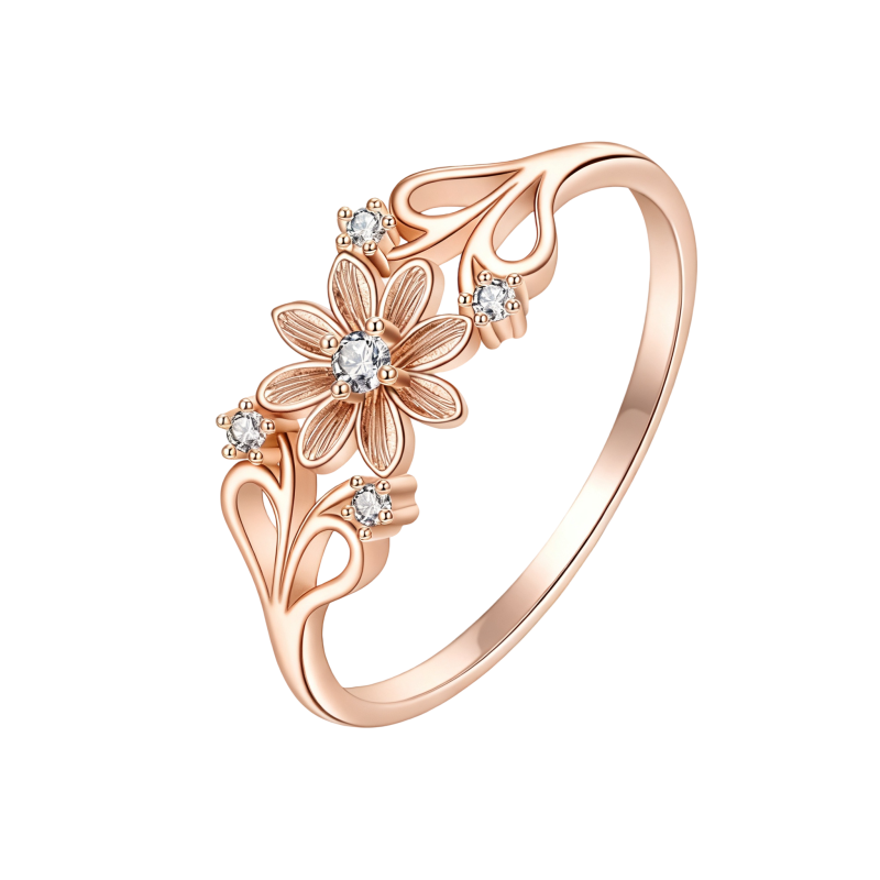 Anillo de oro rosa de 10 quilates con forma de flor de margarita de corte redondo-1