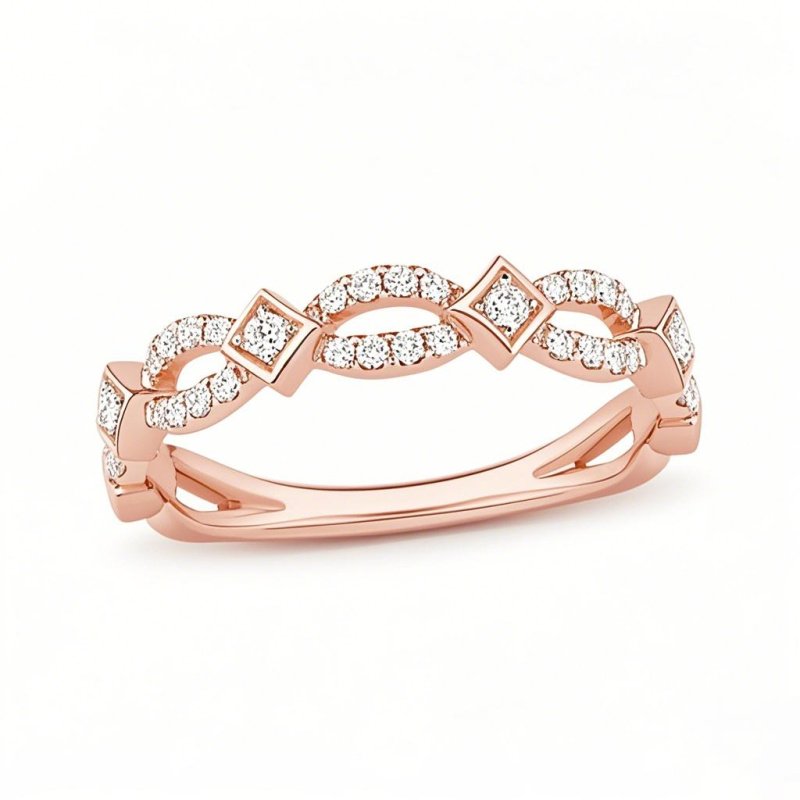 Anillo apilable personalizado de oro rosa de 14 quilates con diamante de talla redonda, color I, claridad I2, grado 3EX, certificado por IGI.-1