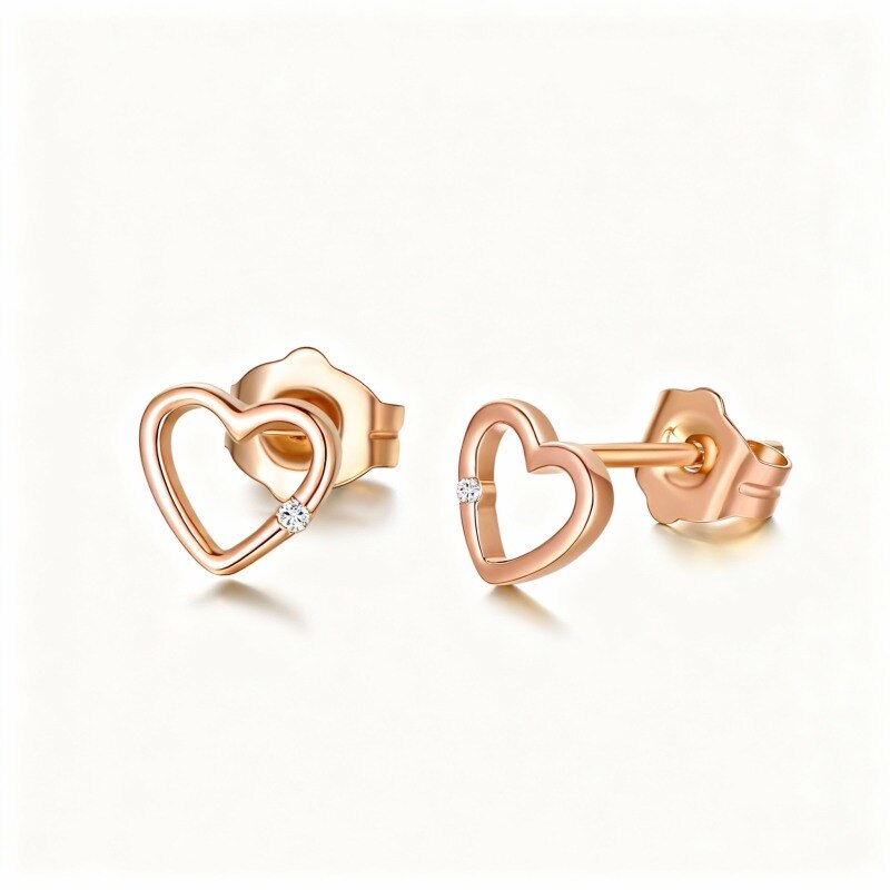 Pendientes de oro rosa de 10 quilates con diamantes de talla redonda en forma de corazón-1