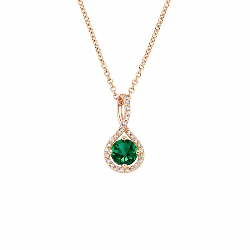 18K Rose Gold Round Cut Diamond & Lab Created Emerald Couple Pendant Necklace-1