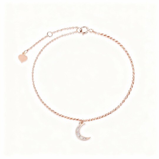 Bracelet de cheville simple rang en or rose 10 carats avec pendentif lune et diamant rond.