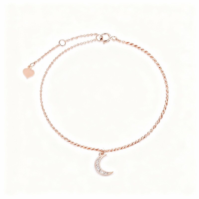 10K Rose Gold Round Cut Diamond Moon Single Layer Charm Anklet-1