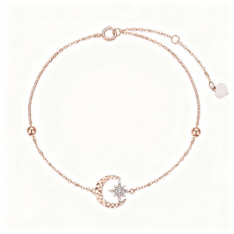 Bracelet de cheville simple rang en or rose 14 carats avec pendentif lune et étoile en diamant taille ronde-1