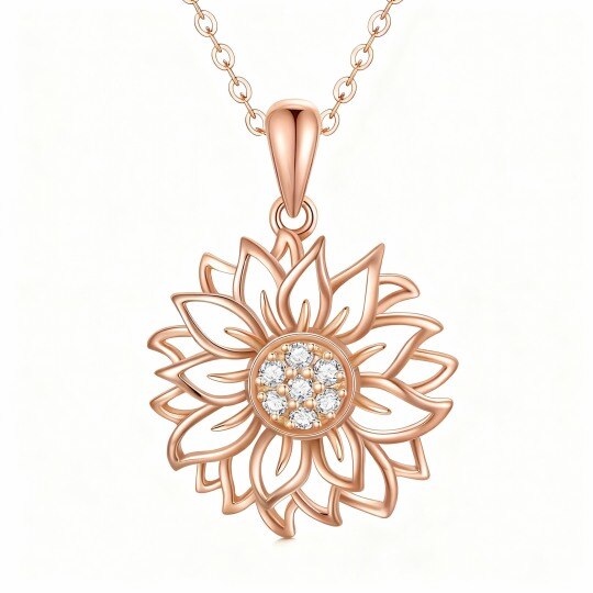 9K Rose Gold Round Cut Diamond Sunflower Pendant Necklace