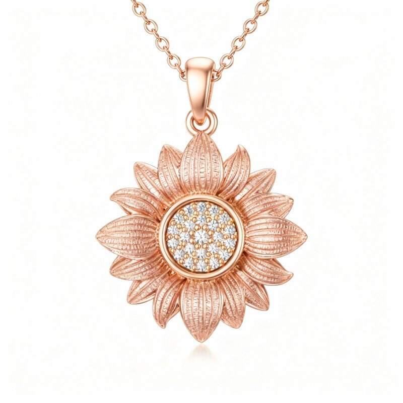 18K Rose Gold Round Cut Diamond Sunflower Pendant Necklace-1