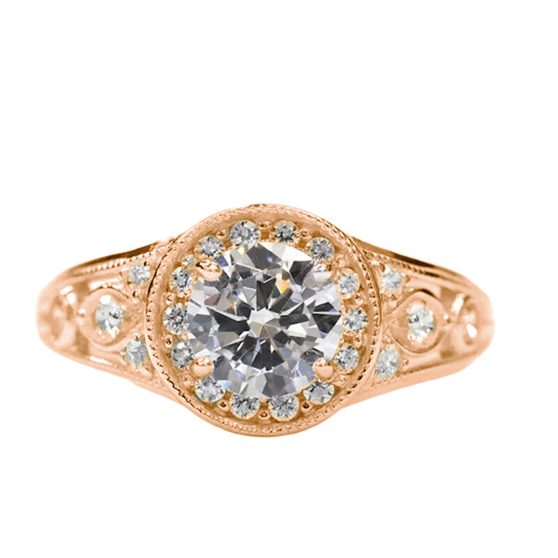Bague vintage en or rose 10 carats avec halo filigrane et diamants ronds taille ronde, couleur D, pureté VVS-VS, certifiée 3EX IGI-15