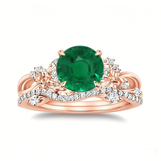 Set da Sposa personalizzato in Oro Rosa 10K, 0,25 CTW Diamante coltivato in laboratorio e da 1 a 6 CT Smeraldo coltivato in laboratorio, taglio rotondo