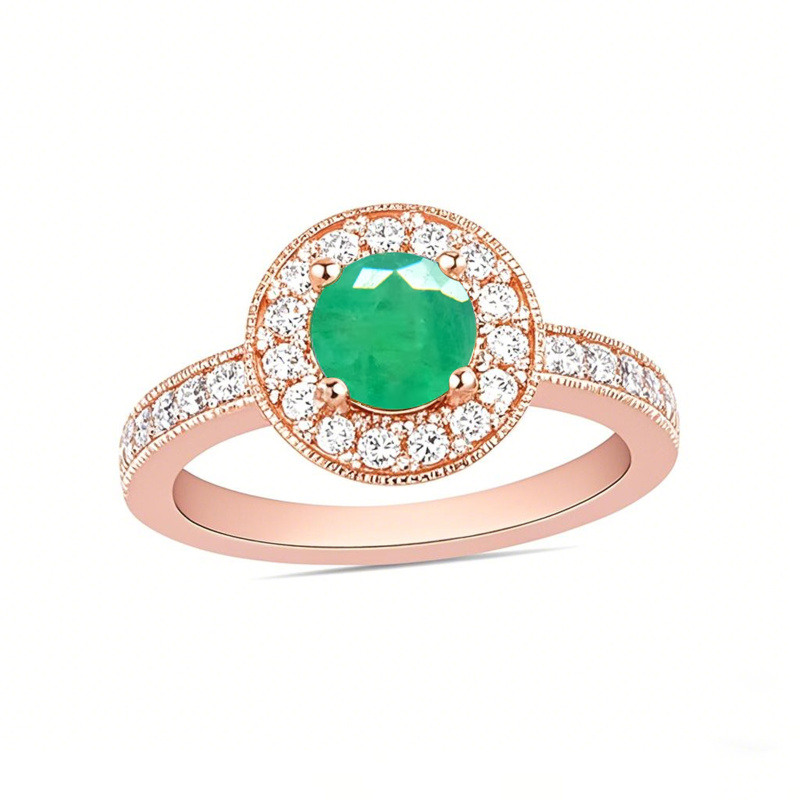 Anillo de compromiso personalizado con esmeralda cultivada en laboratorio de corte redondo de 1 a 6 quilates en oro rosa de 10K y diamantes cultivados en laboratorio de 0,4 CTW-1