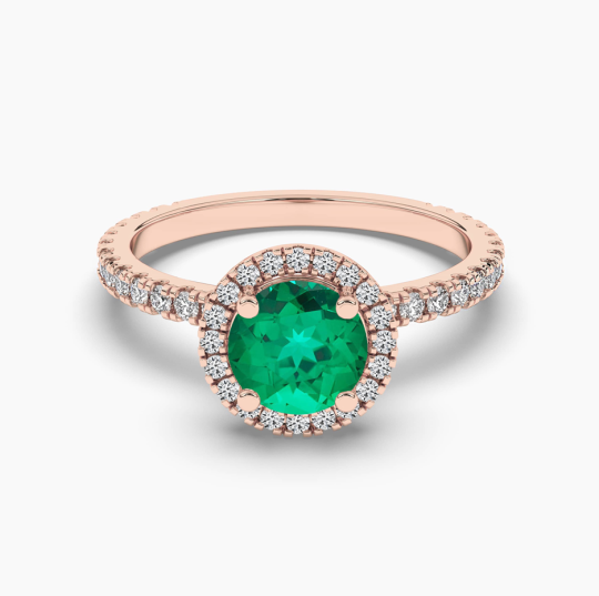 10K Rose Gold Round Cut Emerald & Diamond Halo Engagement Ring
