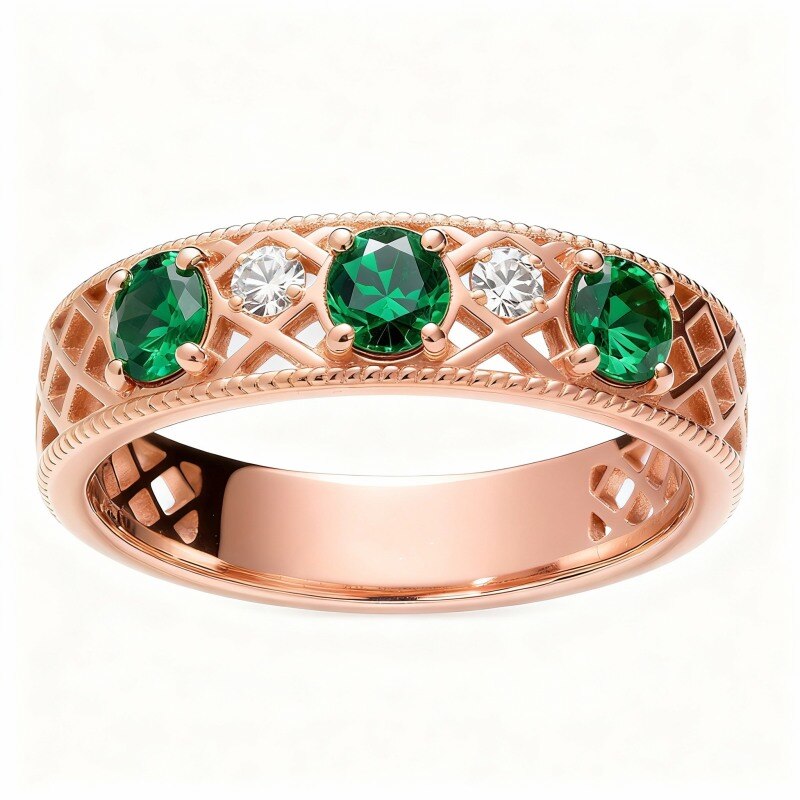 Alliance en or rose 14 carats avec émeraude taille ronde et moissanite-1