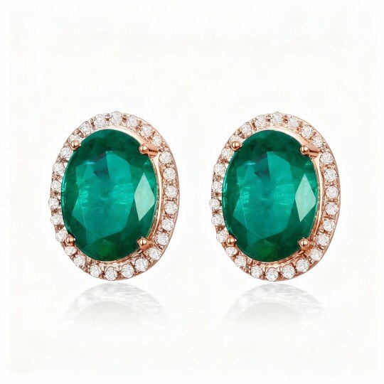10K Rose Gold Round Cut Emerald Round Stud Earrings