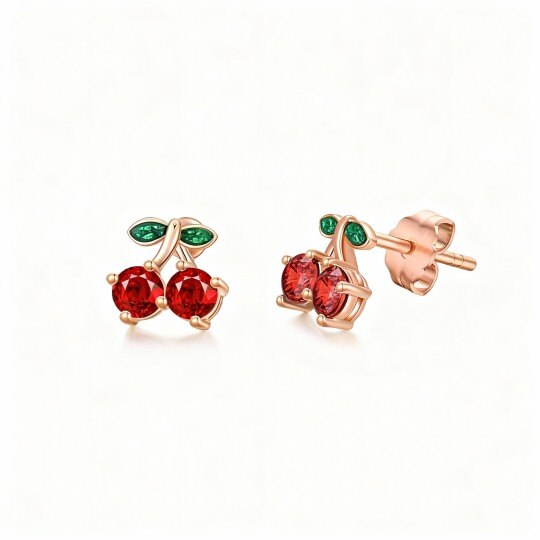 10K Rose Gold Round Cut Garnet Cherry Stud Earrings