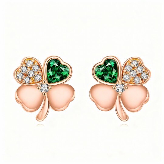 10K Rose Gold Round Cut & Heart Cut Cubic Zirconia Four Leaf Clover Stud Earrings
