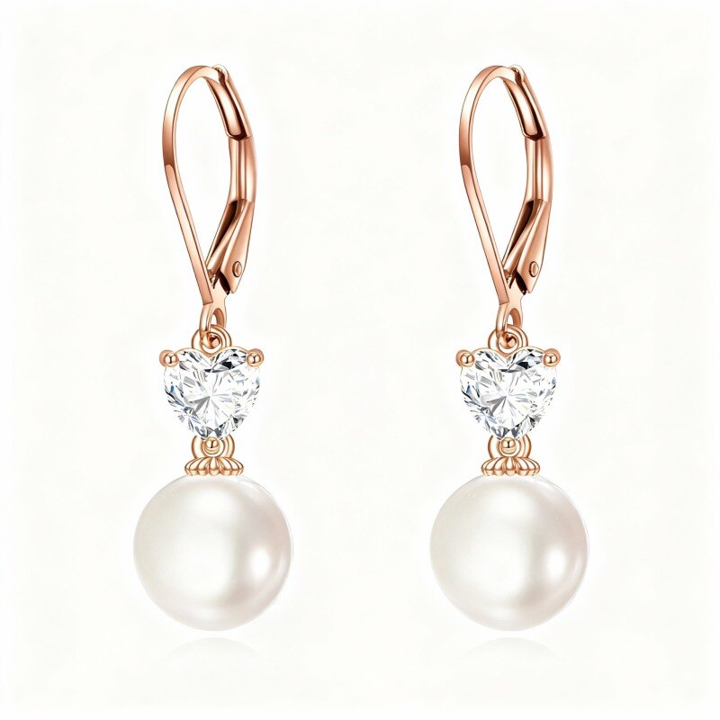 Boucles d'oreilles à fermoir à levier en or rose 14 carats, ornées de moissanites rondes et en forme de cœur et de perles.-1
