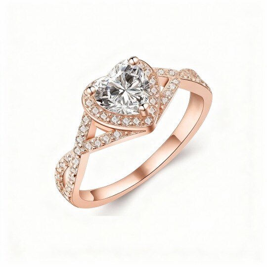 Alliance en or rose 10 carats avec moissanite taille ronde et taille cœur