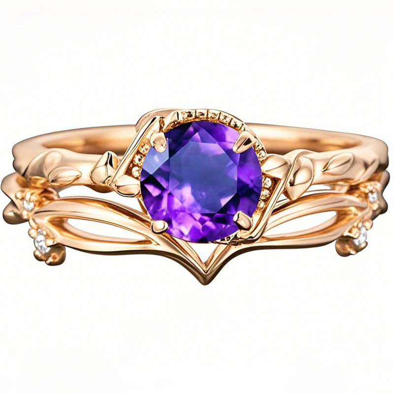 Verlobungsring aus 14-karätigem Roségold mit rundem Efeu-Edelstein im Vintage-Stil – Set für Hochzeit, Jahrestag und Heiratsantrag-1