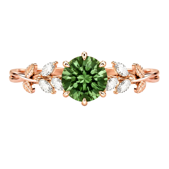 Anillo de compromiso personalizado de oro rosa de 10 quilates con diamante cultivado en laboratorio de talla redonda y gema.