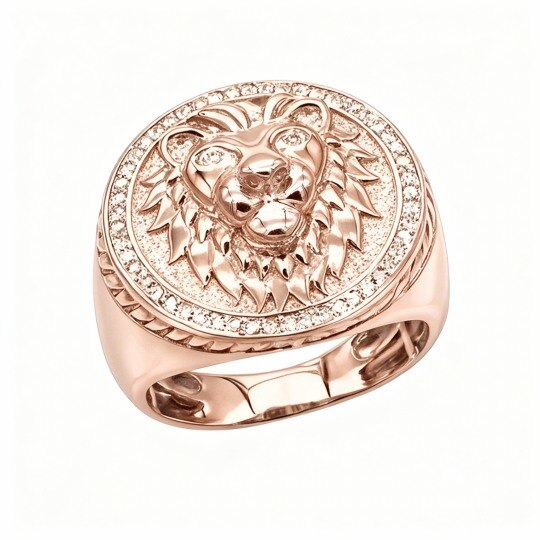 Bague chevalière pour homme en or rose 10 carats, motif lion rond