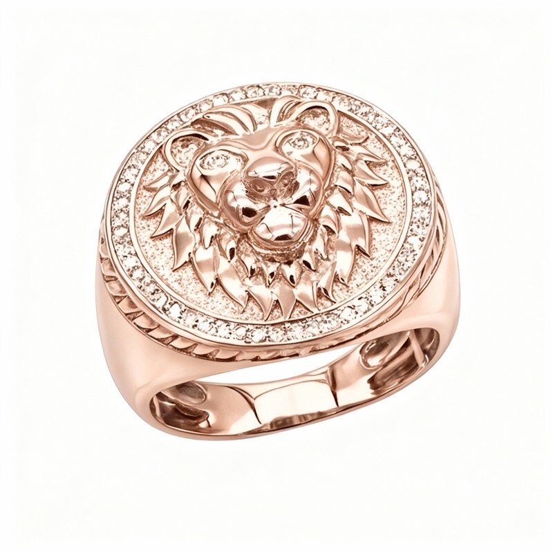 Anillo de sello de león de corte redondo en oro rosa de 10 quilates para hombre-9