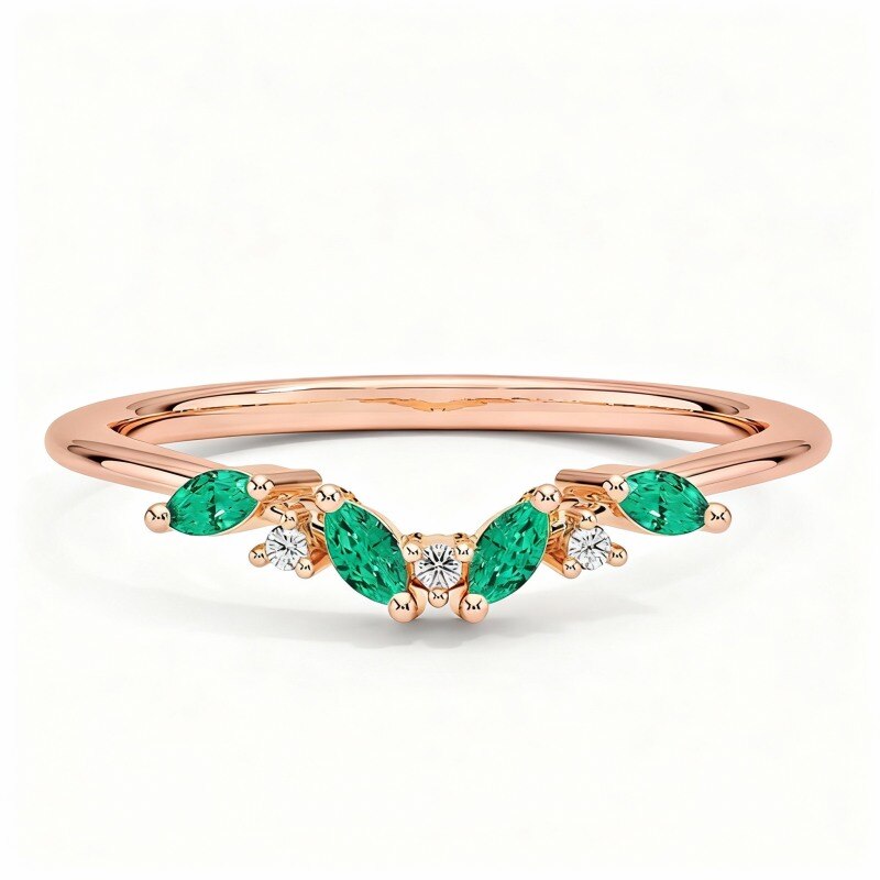 Anillo de boda personalizado de oro rosa de 10 quilates con esmeraldas talla marquesa redondas y diamantes de laboratorio.-16