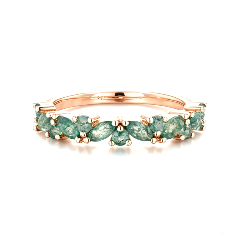 14K Rose Gold Round Cut & Marquise Cut Moss Agate Wedding Ring-1