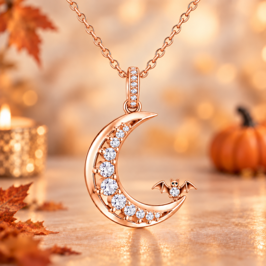 10K Rose Gold Round Cut Moissanite Bat & Moon Pendant Necklace