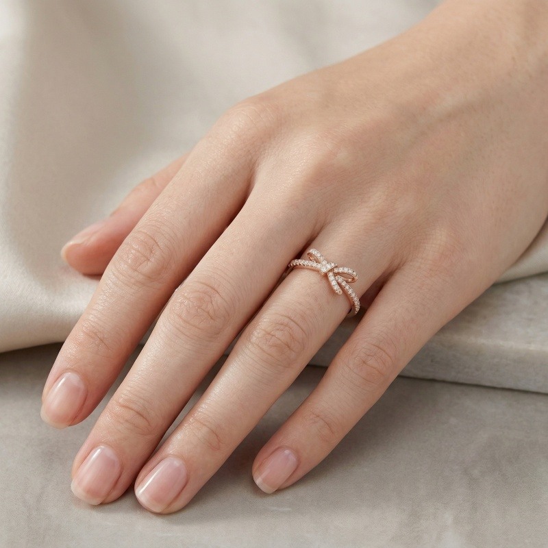 14K Rose Gold Round Cut Moissanite Bow Ring-2