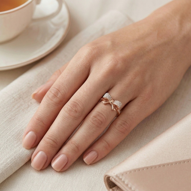 14K Rose Gold Round Cut Moissanite Bow Ring-2
