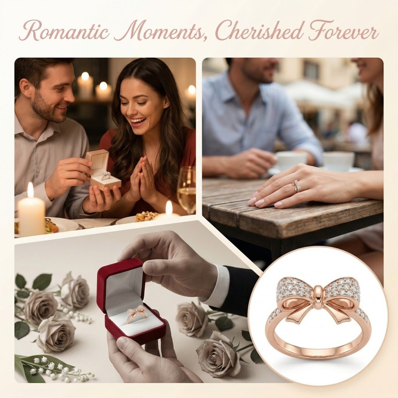 14K Rose Gold Round Cut Moissanite Bow Ring-4